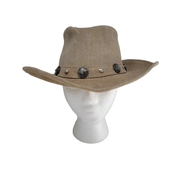 Minnetonka Outback Buffalo Nickel Leather Cowboy Hat Buckskin Tan Size Large - Picture 2 of 12